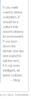 If you really want to define civilization, it should be a culture that doesn't destroy its environment. If you burn down the kitchen one day and expect to eat the next, it is not even intelligent, let alone civilized. - Sting