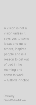 A vision is not a vision unless it says yes to some ideas and no to others, inspires people and is a reason to get out of bed in the morning and come to work. - Gifford Pinchot